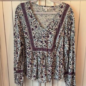 Lucky Brand Cream Floral V-Neck Tunic with Burgundy & Teal Accents